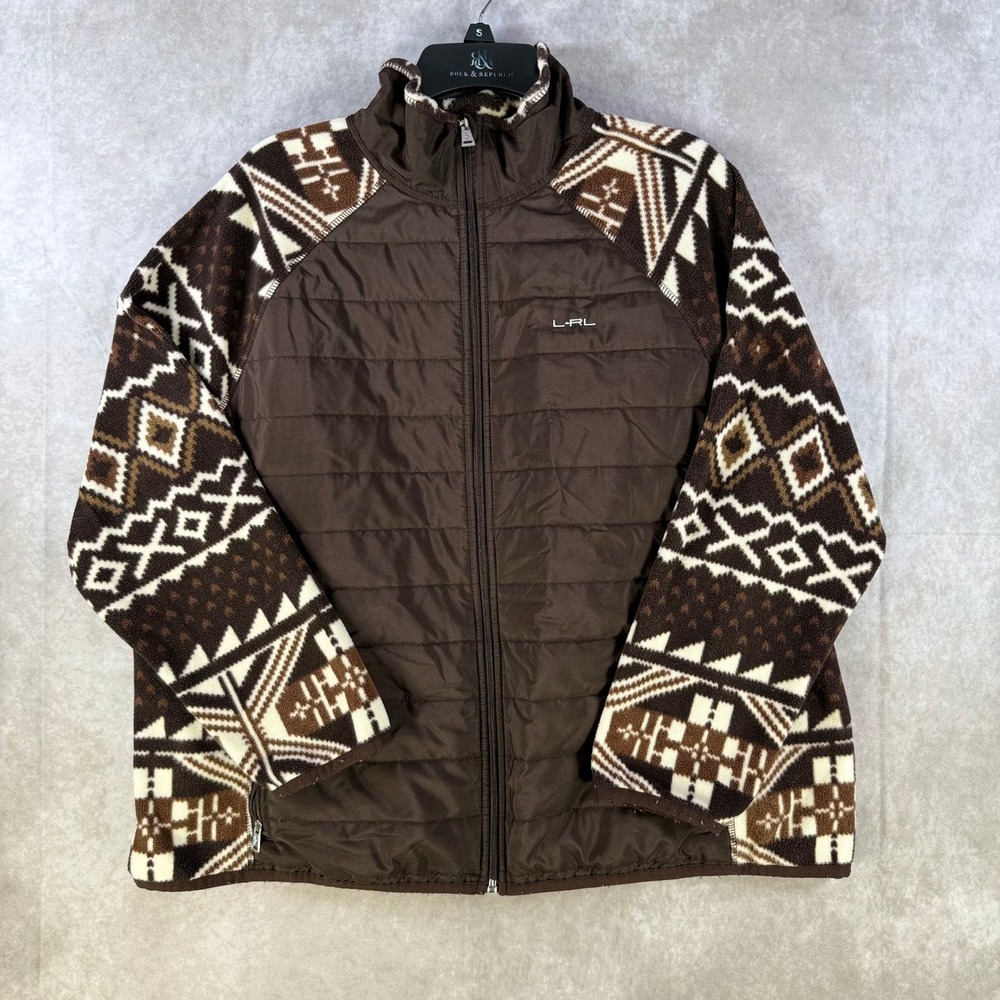 LRL Ralph Lauren Active Jacket Women 2X Brown Southwestern Quilted Fleece Cabin